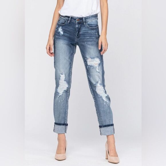 Judy Blue Jeans Boyfriend Fit Bleach Splatter Distressed Stretch Mid Rise 7/28 - Picture 1 of 16